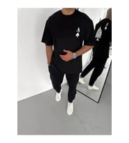 Unisex Bisiklet Yaka Baskılı Oversize T-Shirt - Siyah