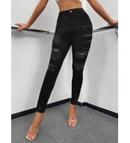 Kadın Yüksek Bel Slim Fit Lazer Kesim Yırtık Jean Kot Pantolon (Siyah)