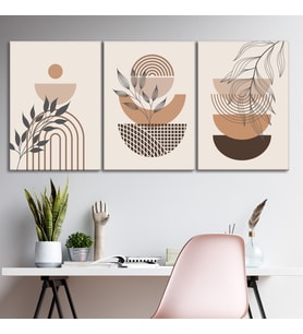 3'lü Bohem Kanvas Tablo Seti 2 - Modern Boho Duvar Dekoru - Geometrik ve Modern Çizgili 3 Parça Tablo