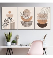 3'lü Bohem Kanvas Tablo Seti 2 - Modern Boho Duvar Dekoru - Geometrik ve Modern Çizgili 3 Parça Tablo