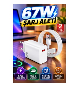 Beyaz Ultra Plus 67W USB-C Hızlı Şarj Adaptörü ve 1 Metre Kablo Seti