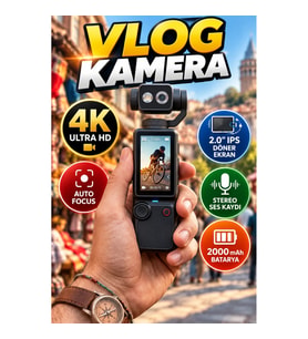 4K Ultra HD Vlog Kamera 2.0 IPS Döner Ekranlı Auto Focus Stereo Ses Kayıtlı 2000mAh Bataryalı El Kam