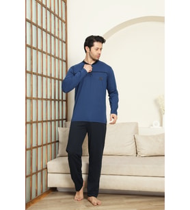 Erkek %100 Pamuklu Pijama Takımı-Robalı ve 3 Düğmeli-12489 ENİSENA (İndigo)