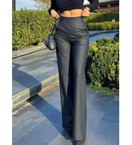 pilelistore- Kadın Yüksek Bel Cepli şardonlu Geniş Paçalı Mat Deri Pantolon (Siyah)