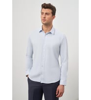 Koyu Mavi Uzun Kol Kendinden Desenli Armürlü 032 Sert Yaka Classic Slim Fit Gömlek 1004245152