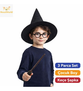 Çocuk Seti (Siyah Keçe Şapka, Asa, Gözlük)