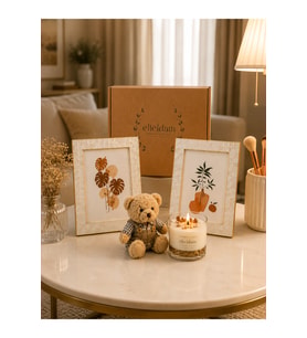 Doğum Günü, Özel Gün, Yeni Ev, Yeni İş Hediyesi Soya Wax Mum, Çerçeve ve Ayıcık Figürlü Anahtarlık Seti