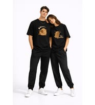 Sevgili Kombini Sevimli Ayı Baskılı Çift Tişört Oversize Unisex Partner Tişört 2'li Set (Siyah)