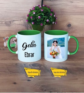 Gelin Kupa Bardak Yeşil Fotoğraflı Düğün Hediyesi