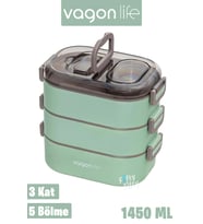 Vagonlife 1450 ML 3 Kat Çelik (2 Kat Kullanılabilir) Bento Lunch Box Yeni Nesil Sefer Tası-FFLBOX7083 (Yeşil)
