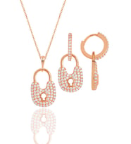 Gümüş rose zirkon taşlı kilit kolye ve küpe ikili set SGTL11881ROSE