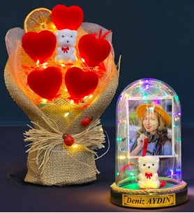 Size Özel Renkli Led Işıklı Fanus ve Led Işıklı Kalp Buketi Hediye Seti (Model 10)