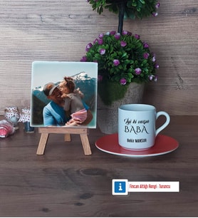 Babaya Hediye Fotoğraflı Dekoratif Taş, Ahşap Altlıklı Türk Kahvesi Fincanı Hediye (Model 8)