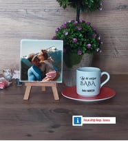 Babaya Hediye Fotoğraflı Dekoratif Taş, Ahşap Altlıklı Türk Kahvesi Fincanı Hediye (Model 8)