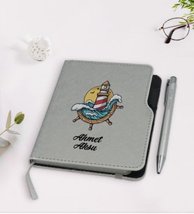 BK Gift Kişiye Özel Dümen Tasarımlı Gri Termo Deri Defter Kalem Seti-4