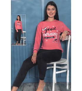 Fawn Kadın Good Morning İnterlok Uzun Kol Manşetli Pijama Takımı (8020) (Açık Pembe)