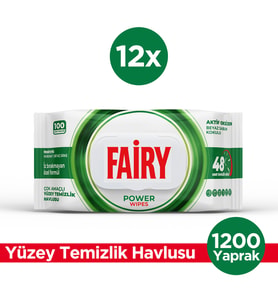 Fairy Power Wipes Yüzey Temizleme Mendili 100 Yaprak 12 Adet  Beyaz Sabun  Beyaz Sirke & Karbonat