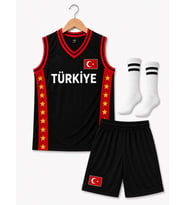 Siyah Türkiye Armalı Çocuk Basketbol Forması Takımı 3 Parça Forma+Şort+Çorap