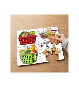Alışveriş Sepetleri - Çeşitli Yiyecekler Tasarımlı 24 Parça Ahşap Çocuk Puzzle MPK0600