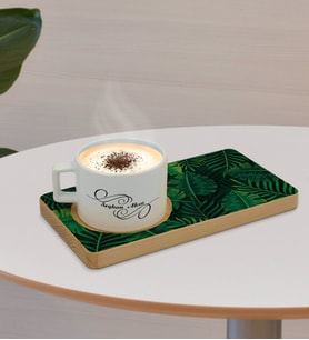 BK Gift Kişiye Özel Yapraklar Tasarımlı Doğal Ahşap Tabaklı Seramik Fincan Sunum Seti  Model 10