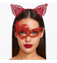 Kırmızı Dantel Maske ve Taç Seti 1 No - Kostüm Seti