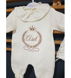 Baby Clime Nakışlı Müslin Bebek Tulumu ve Şapkası (0-3 Ay)