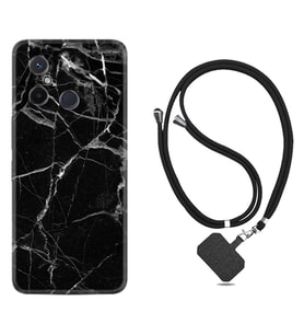 Xiaomi Redmi 12C Kılıf Resimli Boyun Askılı İpli Desenli Silikon Fragile Black Mermer 1378
