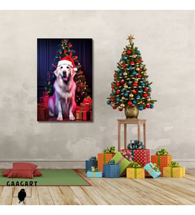 Tekli Dikey Kanvas Duvar Tablosu Yılbaşı Hediyesi Noel Baba Kostümlü Golden Retriever