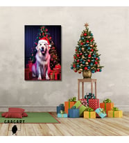 Tekli Dikey Kanvas Duvar Tablosu Yılbaşı Hediyesi Noel Baba Kostümlü Golden Retriever