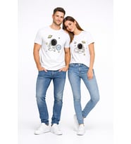 Sevgili Kombini Astronot Baskılı Çift Tişört Oversize Unisex Partner Tişört 2’li Set (Beyaz)