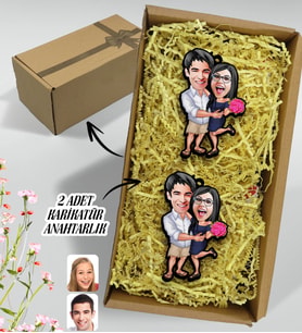 BK Gift Hediye Kutulu Kişiye Özel Sevgililer Karikatürlü Ahşap 2'li Ahşap Anahtarlık-108