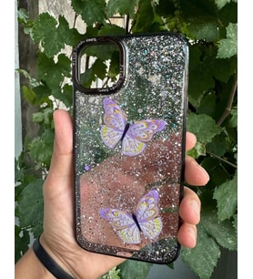 Apple iPhone 14 Pro Max Uyumlu Taşlı Simli Kelebekli Kılıf (Siyah)