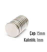 Neodyum Mıknatıs Silindir Çap 15mm , Kalınlık 1mm   ( 10 Adet) (Metal)