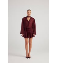 Simli Kumaş Fırfırlı Mini Vanesa Elbise Bordo