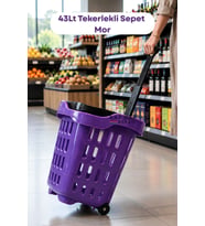 43 LT Tekerlekli Market Sepeti Plastik Alışveriş Sepeti Ergonomik Çift Saplı Mor