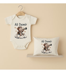 Pia Baby Premium %100 Pamuk İsme Özel Organik Baskılı Çıtçıtlı Bebek Body Ve Yastık Kılıfı 5007-19 (Ekru)