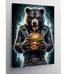 Kanvas Tablo Deri Ceketli Hamburger Yiyen Ayı