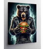 Kanvas Tablo Deri Ceketli Hamburger Yiyen Ayı