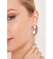 Kadın Reloj Model Pembe Kristal Zirkon Taşlı Işıltılı İncili Gümüş Kaplama Sallantılı Kombin Küpe