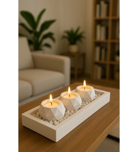 Beyaz Tabaklı Beton Mumluk ve Tealight Dekorasyon Seti, şık hediye seçeneği