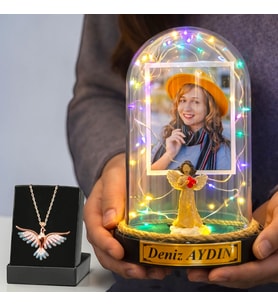 Kişiye Özel Renkli Led Işıklı Melekli Fanus ve Renkli Anka Kuşu Kolye