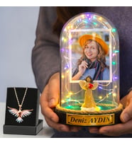 Kişiye Özel Renkli Led Işıklı Melekli Fanus ve Renkli Anka Kuşu Kolye