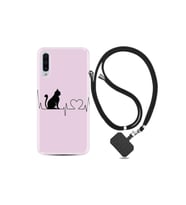 Samsung Galaxy A70 Kılıf Desenli Silikon Ipli Boyun Askılı Pink Cat Heart 1303