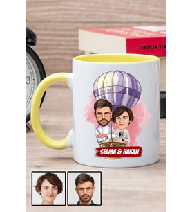 Eşe Hediye Uçan Balon Temalı Karikatürlü Sarı Kupa Bardak