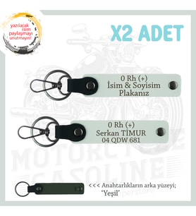 Biker Stiline Uygun İsim Plaka ve 0 + Kan Grubu Yazılı Acil Durum Deri x2 Anahtarlık Seti, Beyaz-Ysl
