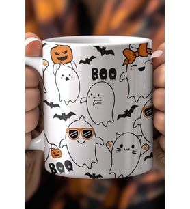 Sevimli Halloween Hayaletleri Tasarımlı 330ml Baskılı Beyaz Seramik Kupa Bardak