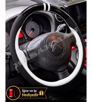 Citroen C3 A51 Dikme Direksiyon Kılıfı Parlak Siyah Beyaz Detaylı Beyaz Çift Yüzük ve Dikiş 2009-2016