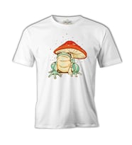 A Frog with a Mushroom Umbrella Beyaz Erkek Tshirt