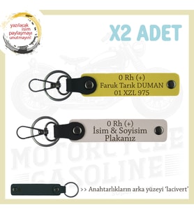 Biker Dostlarına İsim Plaka ve 0 Rh (+) Kan Grubu Yazılı Deri x2' li Set Anahtarlık, Pudra-Sarı-Laci (Çok Renkli)