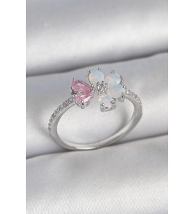 pilelistore Pirinç Gümüş Renk Beyaz Mineli Pembe Zirkon Taşlı Çiçek Model Kadın Yüzük - TJ-BYK3708